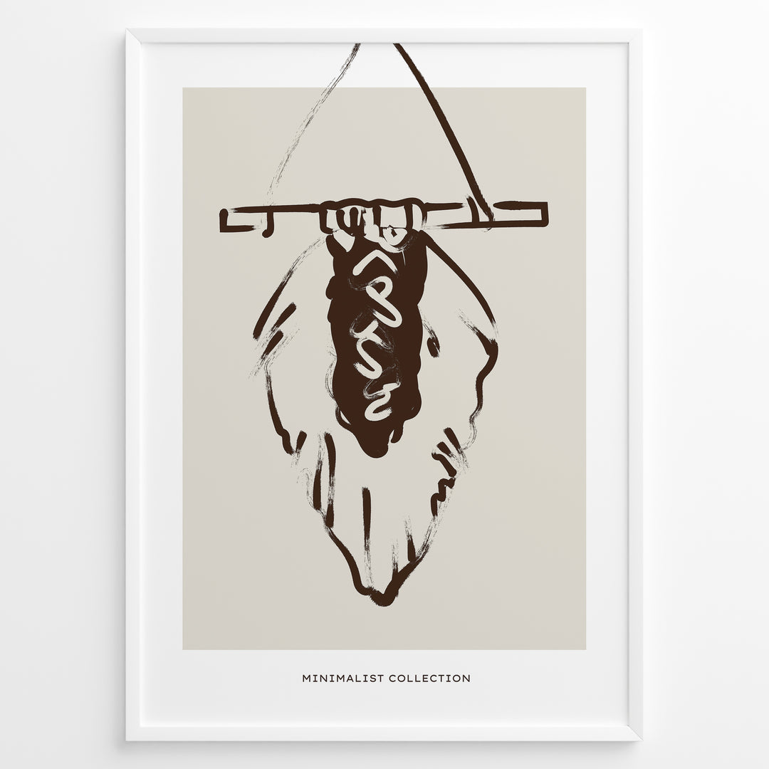 Framed “Minimalist Collection” poster with abstract brown line art of a wall hanging on a beige background in boho minimalist style.