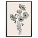 Load image into Gallery viewer, Framed minimalist floral line art poster with black poppy flowers and soft gray shading on a light beige background.
