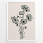 Load image into Gallery viewer, Framed minimalist floral line art poster with black poppy flowers and soft gray shading on a light beige background.
