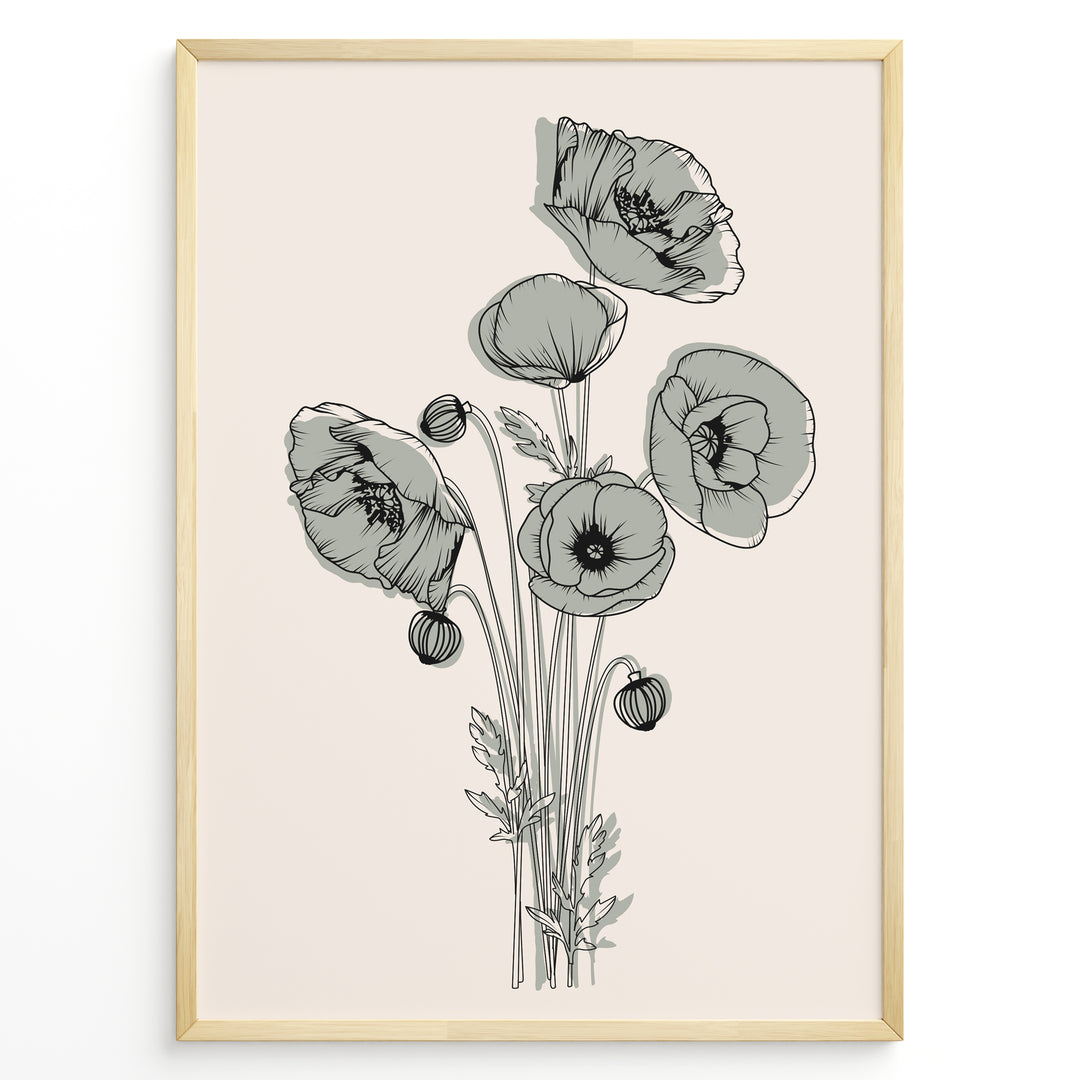 Framed minimalist floral line art poster with black poppy flowers and soft gray shading on a light beige background.