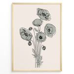 Load image into Gallery viewer, Framed minimalist floral line art poster with black poppy flowers and soft gray shading on a light beige background.
