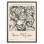 Load image into Gallery viewer, Framed Matisse-style floral poster with cream abstract rose designs on a dark gray background, titled “Flowers &amp; Plants.”
