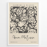 Load image into Gallery viewer, Framed Matisse-style floral poster with cream abstract rose designs on a dark gray background, titled “Flowers &amp; Plants.”
