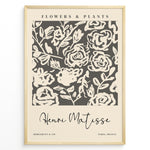 Load image into Gallery viewer, Framed Matisse-style floral poster with cream abstract rose designs on a dark gray background, titled “Flowers &amp; Plants.”
