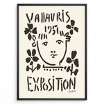 Load image into Gallery viewer, Framed Picasso Vallauris 1951 Exposition poster with black abstract portrait and floral designs on a cream background.

