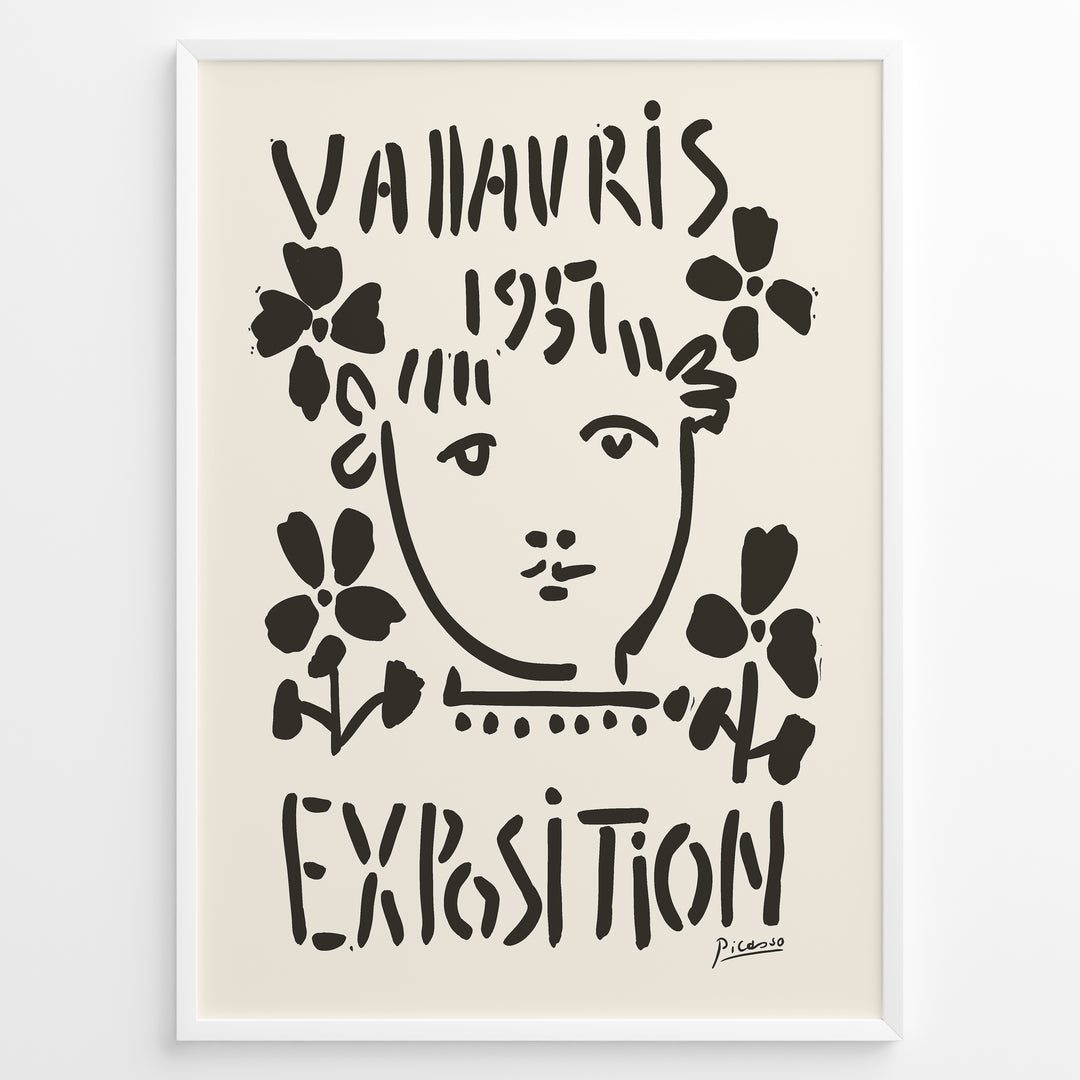 Framed Picasso Vallauris 1951 Exposition poster with black abstract portrait and floral designs on a cream background.