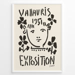 Load image into Gallery viewer, Framed Picasso Vallauris 1951 Exposition poster with black abstract portrait and floral designs on a cream background.
