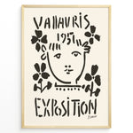 Load image into Gallery viewer, Framed Picasso Vallauris 1951 Exposition poster with black abstract portrait and floral designs on a cream background.
