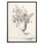 Load image into Gallery viewer, Framed vintage floral sketch poster showing a pencil drawing of flowers in a vase on a table, in a minimalist beige tone.
