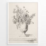 Load image into Gallery viewer, Framed vintage floral sketch poster showing a pencil drawing of flowers in a vase on a table, in a minimalist beige tone.

