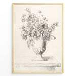 Load image into Gallery viewer, Framed vintage floral sketch poster showing a pencil drawing of flowers in a vase on a table, in a minimalist beige tone.

