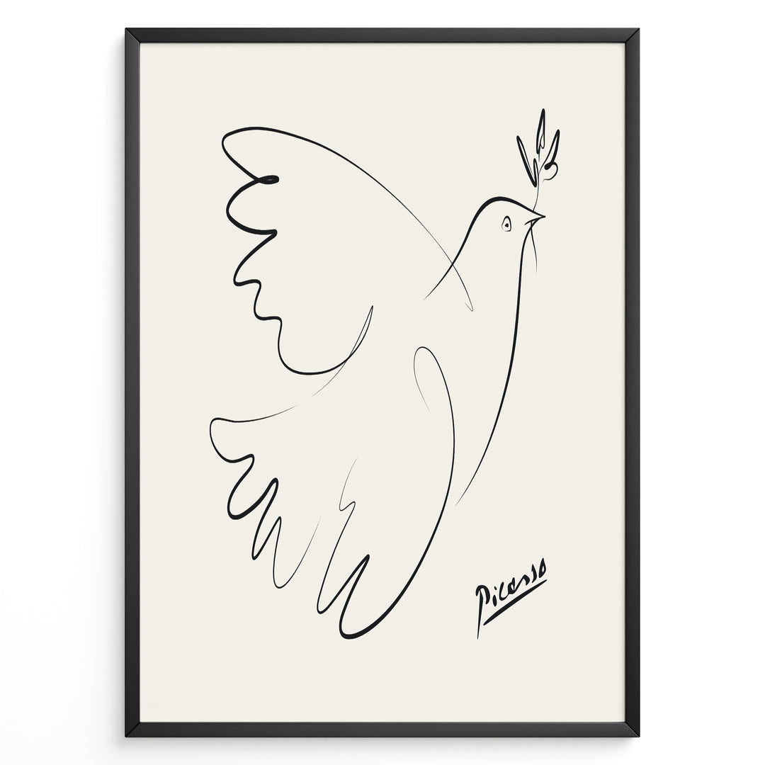 Framed Picasso Dove of Peace line art poster with minimalist black outline of a dove holding an olive branch on a beige background.