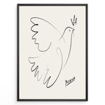 Load image into Gallery viewer, Framed Picasso Dove of Peace line art poster with minimalist black outline of a dove holding an olive branch on a beige background.
