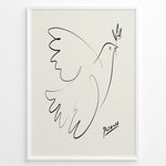 Load image into Gallery viewer, Framed Picasso Dove of Peace line art poster with minimalist black outline of a dove holding an olive branch on a beige background.
