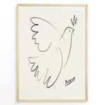 Load image into Gallery viewer, Framed Picasso Dove of Peace line art poster with minimalist black outline of a dove holding an olive branch on a beige background.
