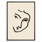 Load image into Gallery viewer, Minimal abstract face line art poster in black frame on beige background.
