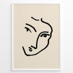 Load image into Gallery viewer, Minimal abstract face line art poster in black frame on beige background.
