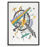 Load image into Gallery viewer, Framed Kandinsky abstract art poster with colorful geometric shapes in yellow, green, and purple on a white background.
