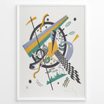 Load image into Gallery viewer, Framed Kandinsky abstract art poster with colorful geometric shapes in yellow, green, and purple on a white background.
