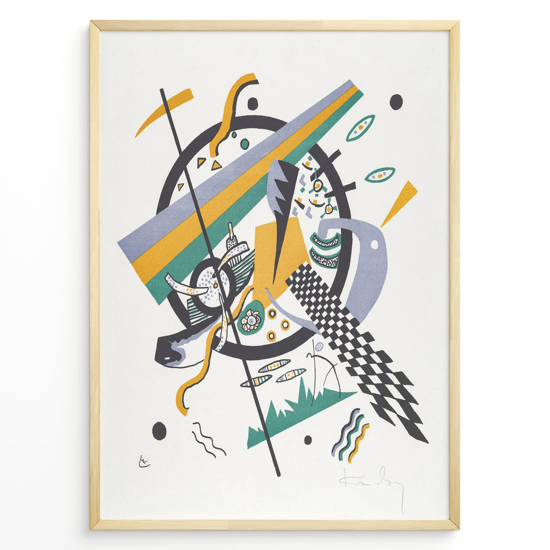Framed Kandinsky abstract art poster with colorful geometric shapes in yellow, green, and purple on a white background.