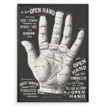Load image into Gallery viewer, Framed vintage palmistry hand poster in black and white, featuring detailed labeled hand diagram and typography.
