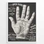 Load image into Gallery viewer, Framed vintage palmistry hand poster in black and white, featuring detailed labeled hand diagram and typography.
