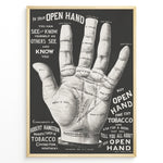 Load image into Gallery viewer, Framed vintage palmistry hand poster in black and white, featuring detailed labeled hand diagram and typography.
