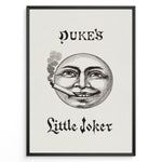 Load image into Gallery viewer, Framed Duke’s Little Joker vintage poster with detailed moon face illustration smoking a cigarette on a beige textured background.
