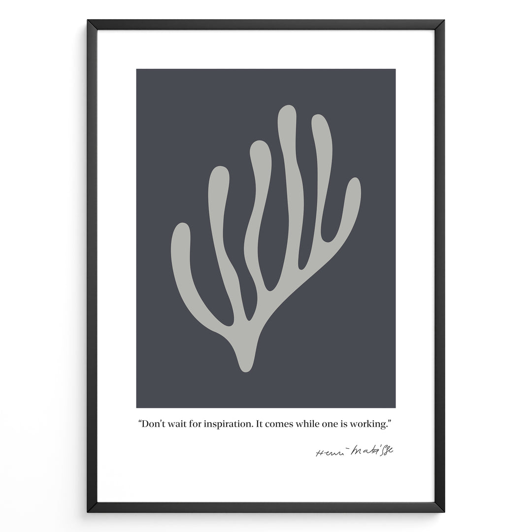 Framed Henri Matisse abstract coral art poster with grey organic shape on dark background and inspirational quote at the bottom.