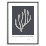 Load image into Gallery viewer, Framed Henri Matisse abstract coral art poster with grey organic shape on dark background and inspirational quote at the bottom.
