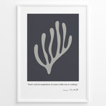 Load image into Gallery viewer, Framed Henri Matisse abstract coral art poster with grey organic shape on dark background and inspirational quote at the bottom.
