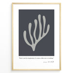 Load image into Gallery viewer, Framed Henri Matisse abstract coral art poster with grey organic shape on dark background and inspirational quote at the bottom.
