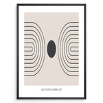 Load image into Gallery viewer, Framed mid-century modern art poster with black geometric line patterns and a central dark circle on a beige background.
