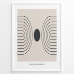 Load image into Gallery viewer, Framed mid-century modern art poster with black geometric line patterns and a central dark circle on a beige background.
