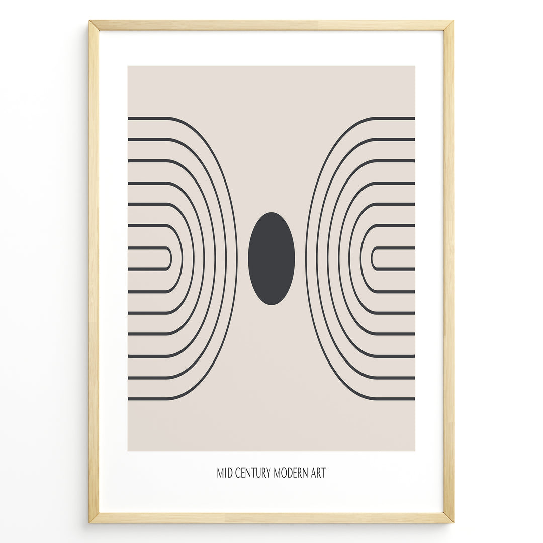 Framed mid-century modern art poster with black geometric line patterns and a central dark circle on a beige background.