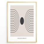 Load image into Gallery viewer, Framed mid-century modern art poster with black geometric line patterns and a central dark circle on a beige background.
