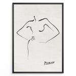 Load image into Gallery viewer, Framed Picasso line art poster depicting an abstract female figure outline in black on a textured beige background.
