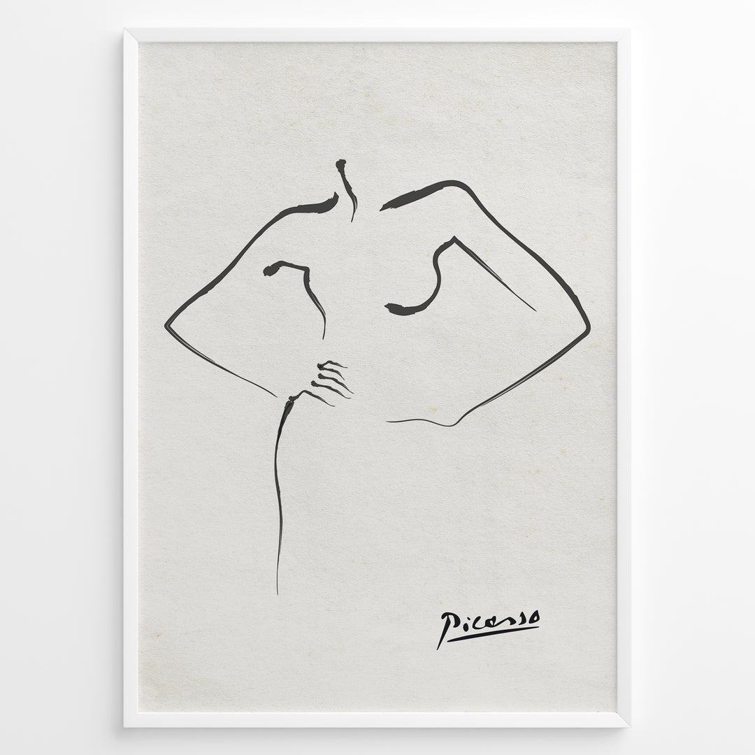 Framed Picasso line art poster depicting an abstract female figure outline in black on a textured beige background.