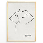 Load image into Gallery viewer, Framed Picasso line art poster depicting an abstract female figure outline in black on a textured beige background.
