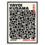 Load image into Gallery viewer, Framed Yayoi Kusama Infinity Dots art poster with black circular patterns and red Osaka 1992 text on a beige background.

