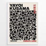 Load image into Gallery viewer, Framed Yayoi Kusama Infinity Dots art poster with black circular patterns and red Osaka 1992 text on a beige background.
