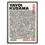 Load image into Gallery viewer, Framed Yayoi Kusama Infinity Dots art poster with layered beige and black circular patterns and red Osaka 1992 text.
