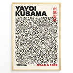 Load image into Gallery viewer, Framed Yayoi Kusama Infinity Dots art poster with layered beige and black circular patterns and red Osaka 1992 text.
