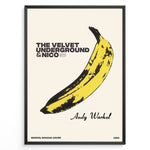 Load image into Gallery viewer, Framed Andy Warhol Banana art poster featuring The Velvet Underground &amp; Nico text on a beige background.
