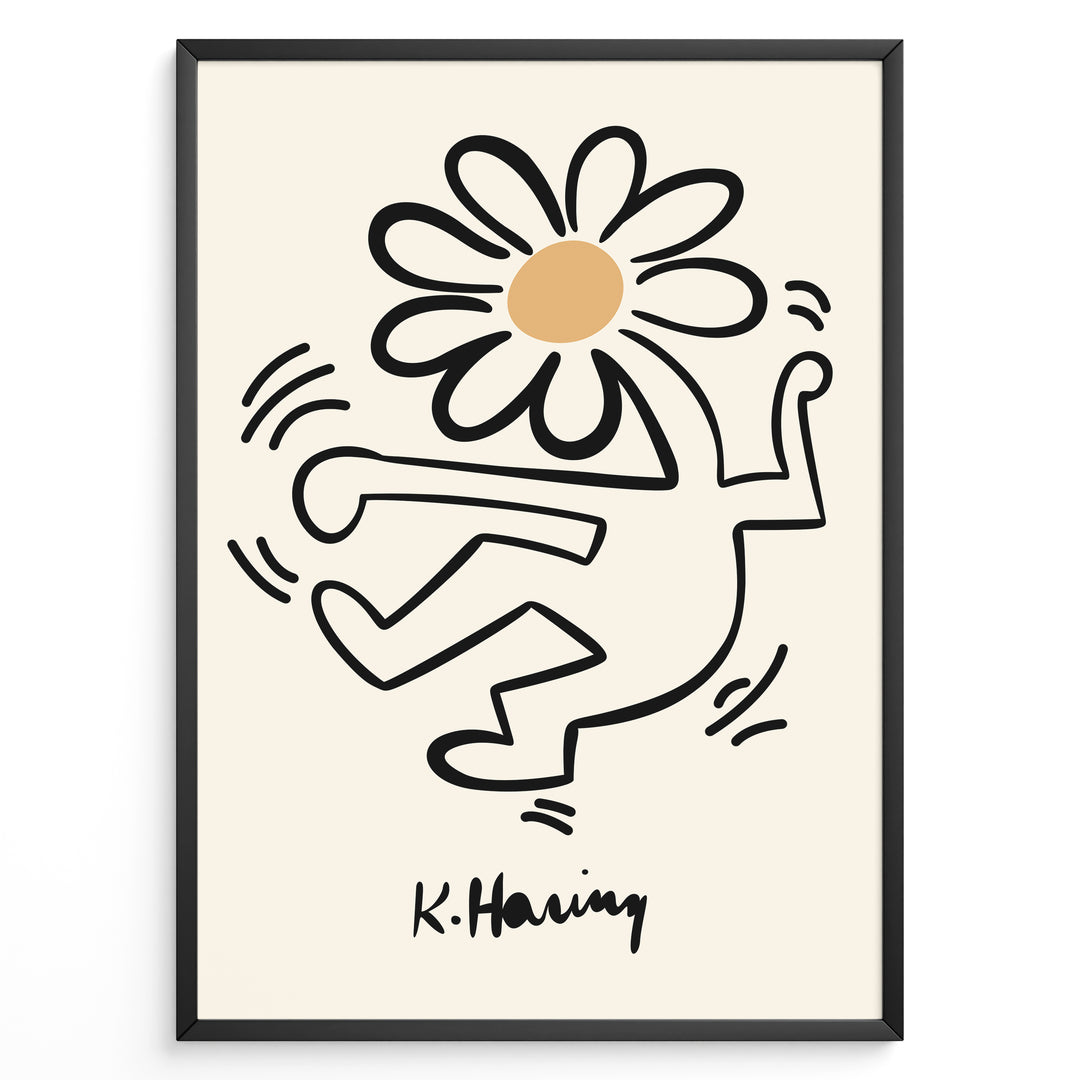 Framed Keith Haring-style poster showing a black outlined dancing figure with a daisy flower head on a beige background.