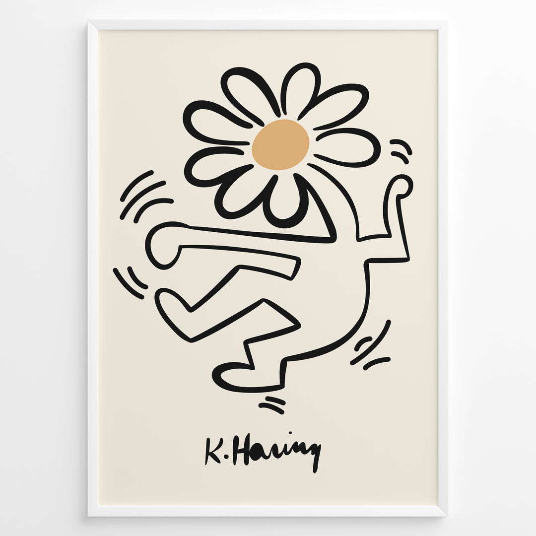 Framed Keith Haring-style poster showing a black outlined dancing figure with a daisy flower head on a beige background.