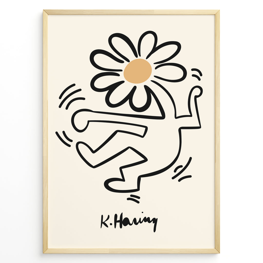 Framed Keith Haring-style poster showing a black outlined dancing figure with a daisy flower head on a beige background.
