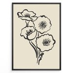 Load image into Gallery viewer, Minimalist black and white poppy flower line art print in a modern black frame on beige background
