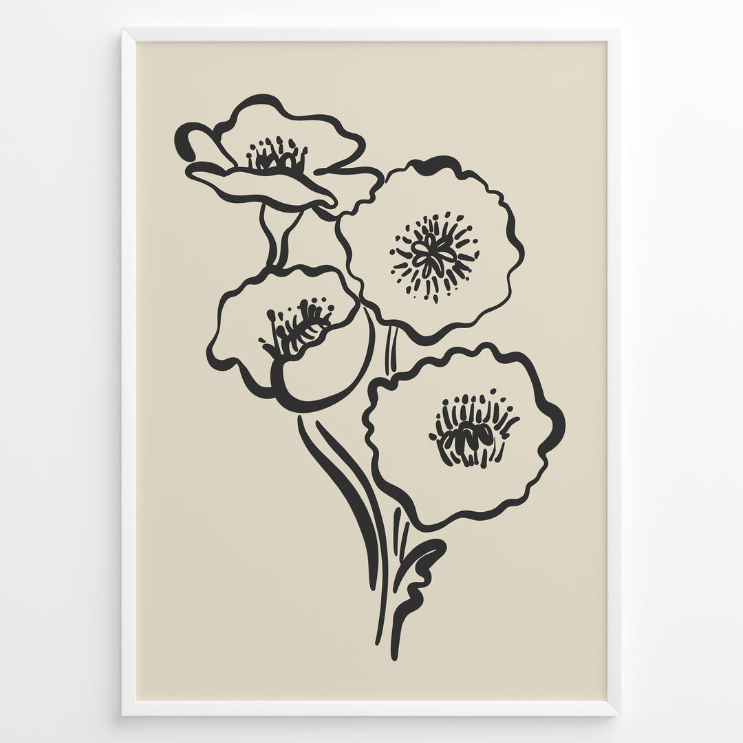 Minimalist black and white poppy flower line art print in a modern black frame on beige background