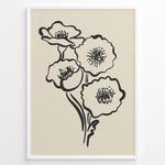 Load image into Gallery viewer, Minimalist black and white poppy flower line art print in a modern black frame on beige background
